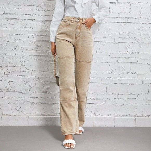 . Pants - Khaki Casual Women High Waist Straight Leg Jeans